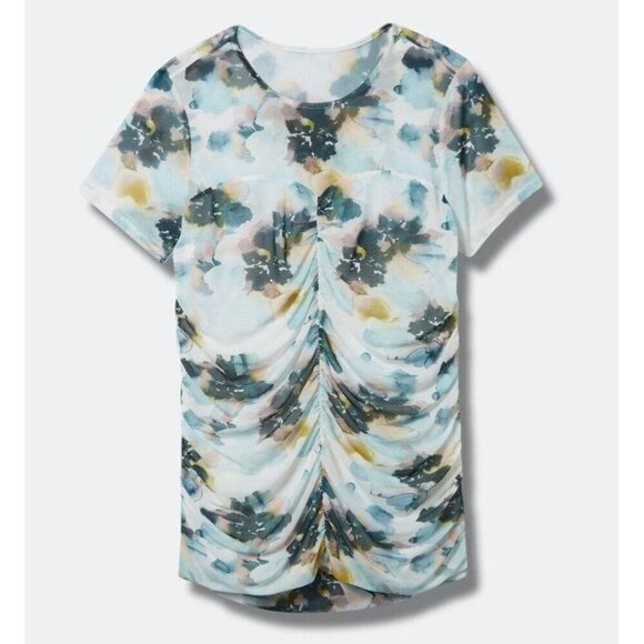 NEW NWT TORRID 1 Plus Size Stretch Mesh Crew Neck Ruched Top Watercolor Floral - Picture 4 of 15